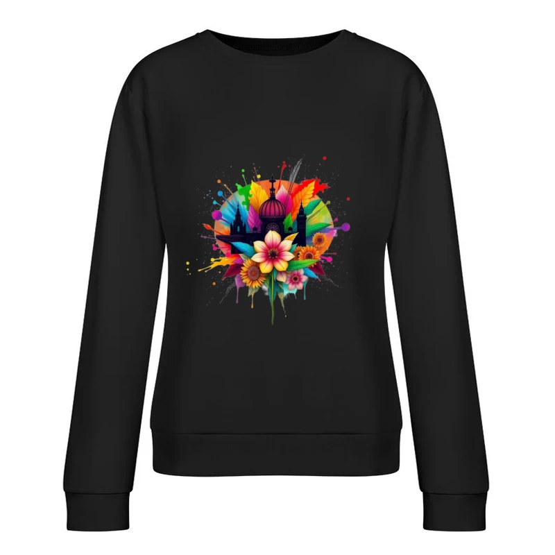 Vibrant Cathedral Silhouette with Rainbow Floral Splash Female Pullover Sweatshirt