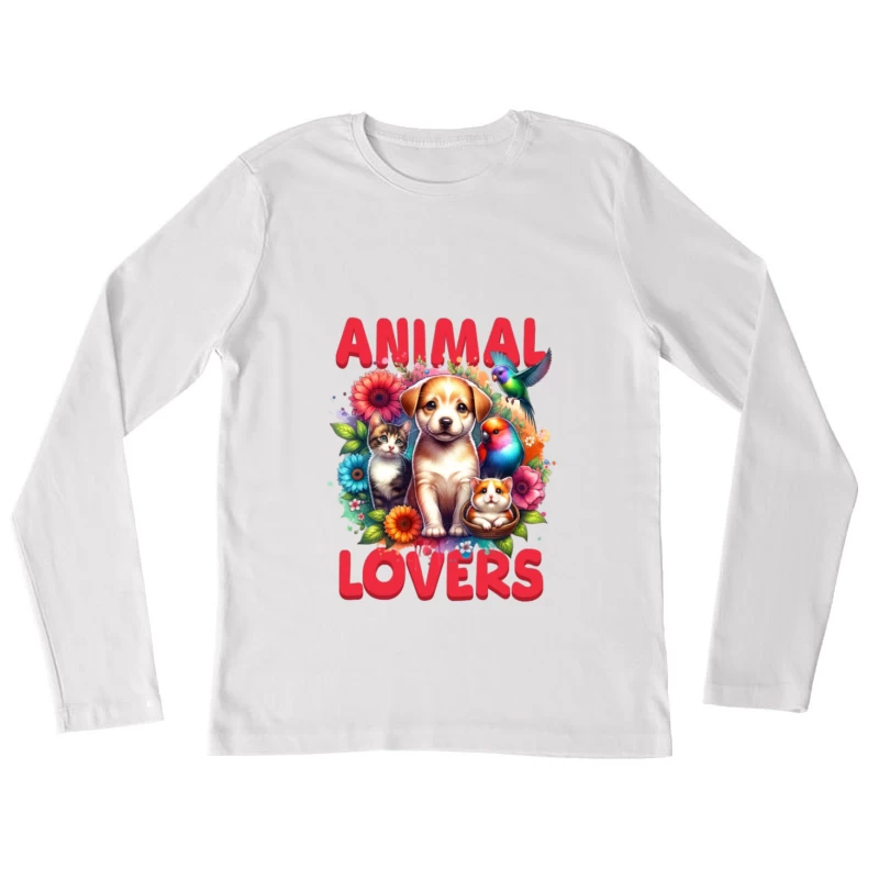 Amoureux des animaux avec chien, chat et fleurs Femme Manches Longues T-Shirt