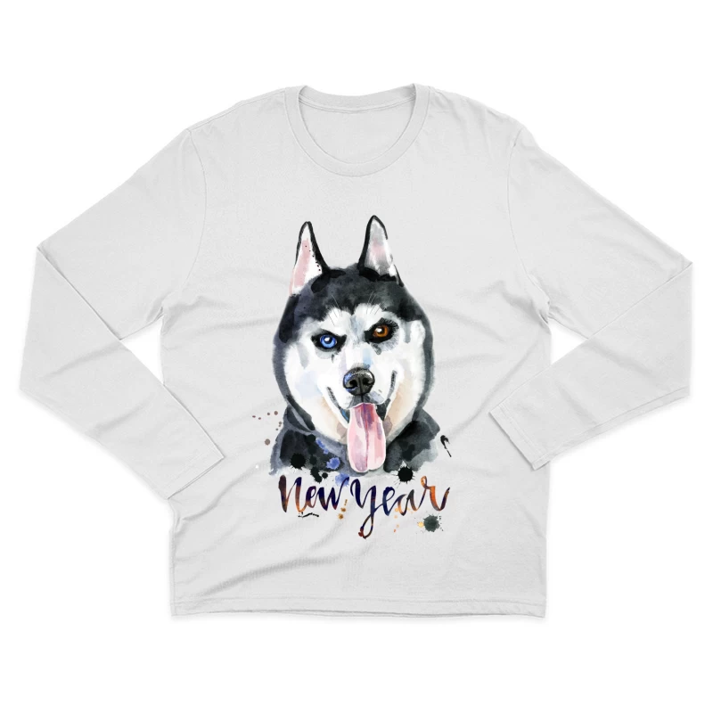 Illustration de chien Husky pour le Nouvel An Homme Manches Longues T-Shirt