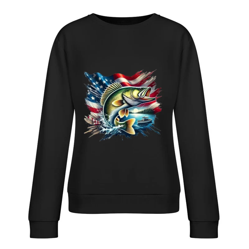 Dynamic Fish with American Flag and Scenic Background Female Pullover Sweatshirt