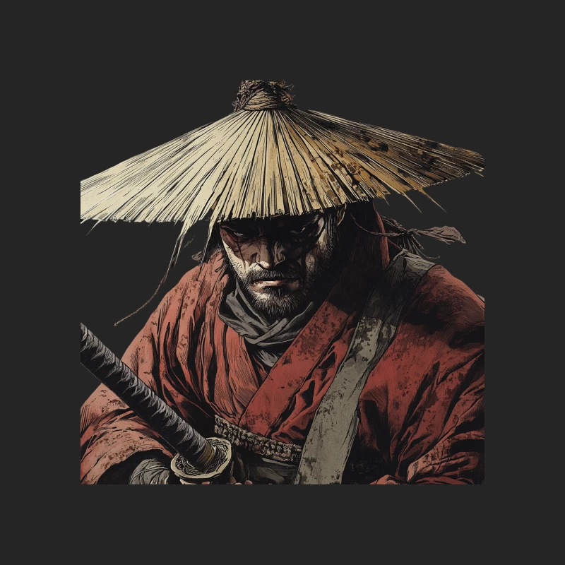 Illustrated Samurai Warrior with Straw Hat and Sword Female Pullover Sweatshirt