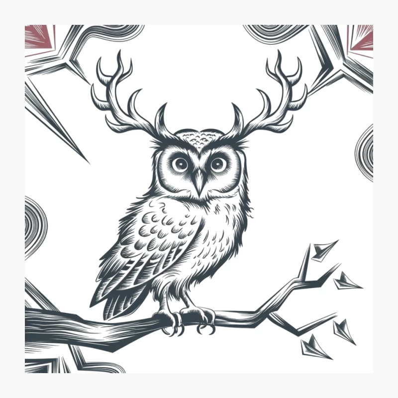 Surreal Owl with Antlers: Black and White Fantasy Illustration Pin