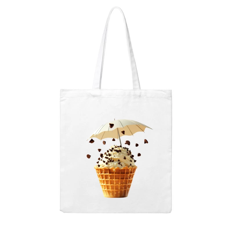 Whimsical Ice Cream Cone with Chocolate Chip Rain under Umbrella Cotton Tote Bag