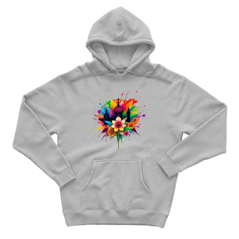 Vibrant Cathedral Silhouette with Rainbow Floral Splash Male Pullover Hoodie