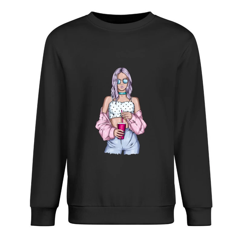 Trendy Young Woman with Drink Male Pullover Sweatshirt