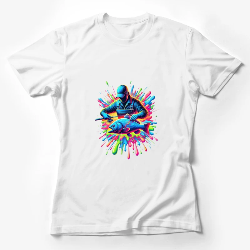 Neon Fishing Adventure Digital Art with Vibrant Color Splash Female T-Shirt