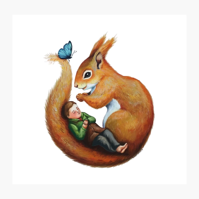 Whimsical Squirrel's Gentle Embrace: A Fantasy Nature Illustration Throw Pillow