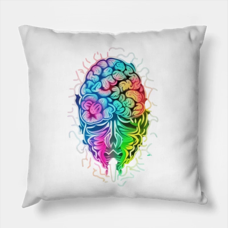 Rainbow Psychedelic Brain Illustration Throw Pillow