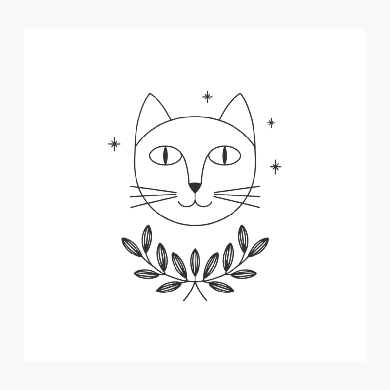 Minimalist Cat Face with Laurel and Stars Illustration Throw Pillow