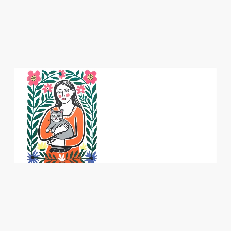 Whimsical Folk Art: Woman Embracing Cat Amidst Floral Beauty Coffee Mug