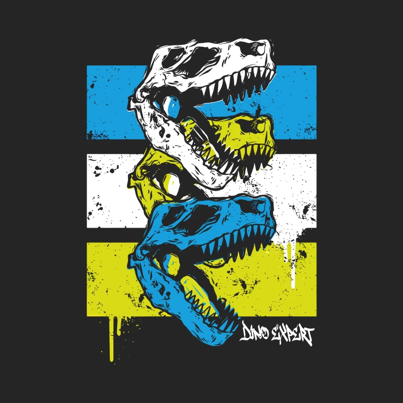 Layered T-Rex Skulls: Grunge Street Art Aesthetic Male Pullover Sweatshirt