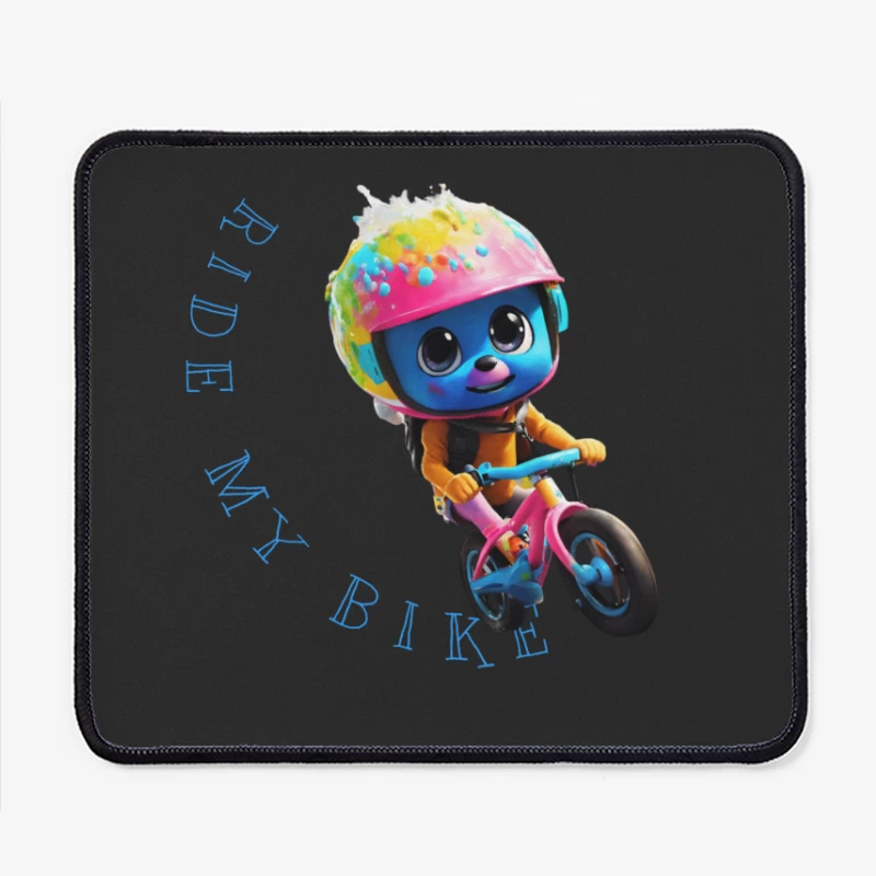 Cute Blue Animated Character Riding Colorful Bike with Safety Helmet Mouse Pad