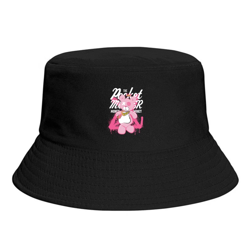 Playful Pink Bear with Graffiti Style and Crown Bucket Hat