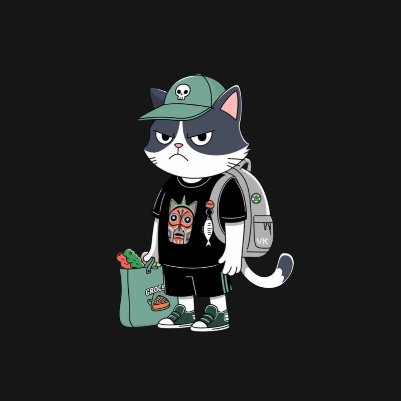 Grumpy Street Style Cat with Skull Cap and Groceries Female Long Sleeve T-Shirt