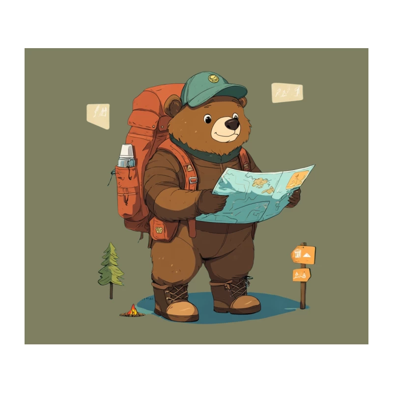 Adventurous Cartoon Bear Goes Hiking with Map and Backpack Tapestry