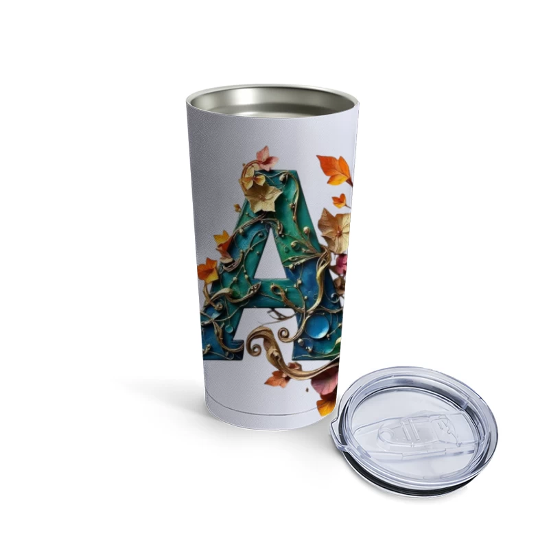 Ornate Teal Letter A with Autumn Floral Embellishments Travel Mug