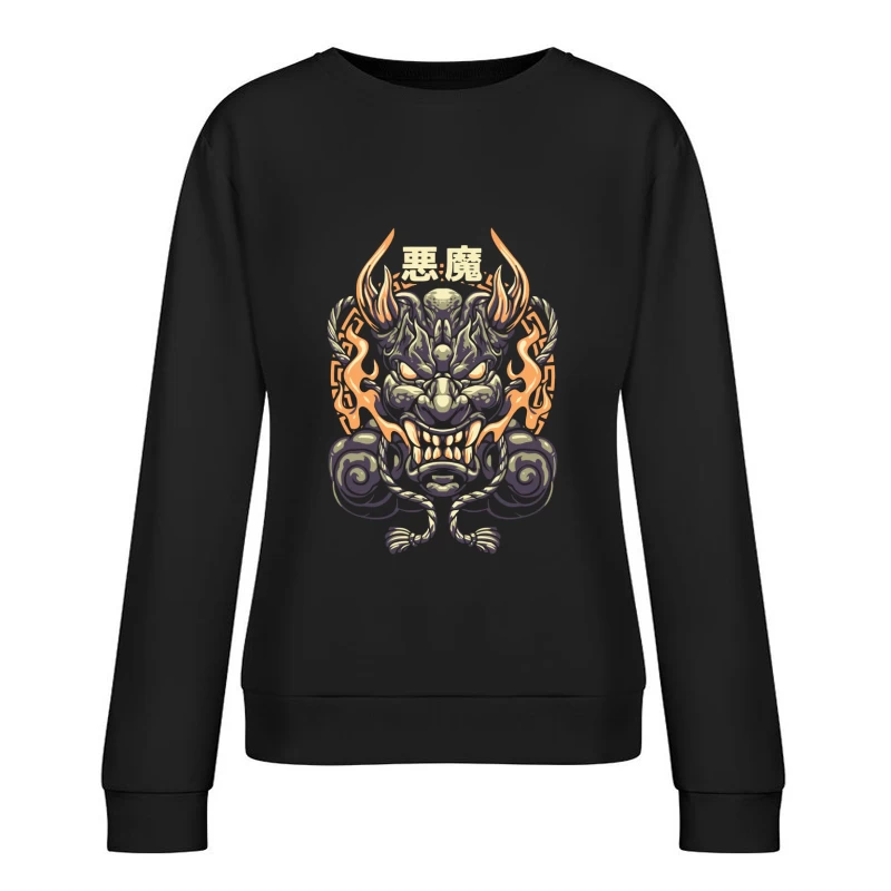 Epic Japanese Demon Mask Illustration Female Pullover Sweatshirt