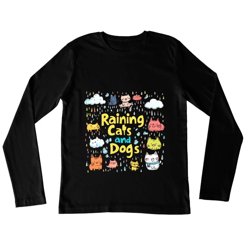 Whimsical Cartoon of Raining Cats and Dogs Female Long Sleeve T-Shirt