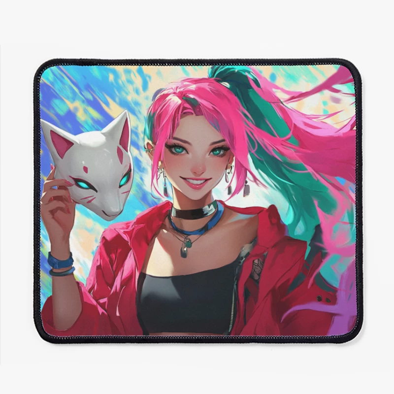 Vibrant Anime Girl with Cat Mask and Colorful Hair Mouse Pad