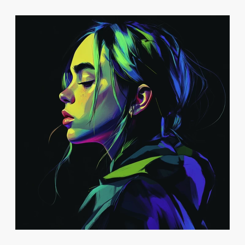 Neon-Hued Profile Portrait: Vibrant Digital Art on Dark Canvas Pin