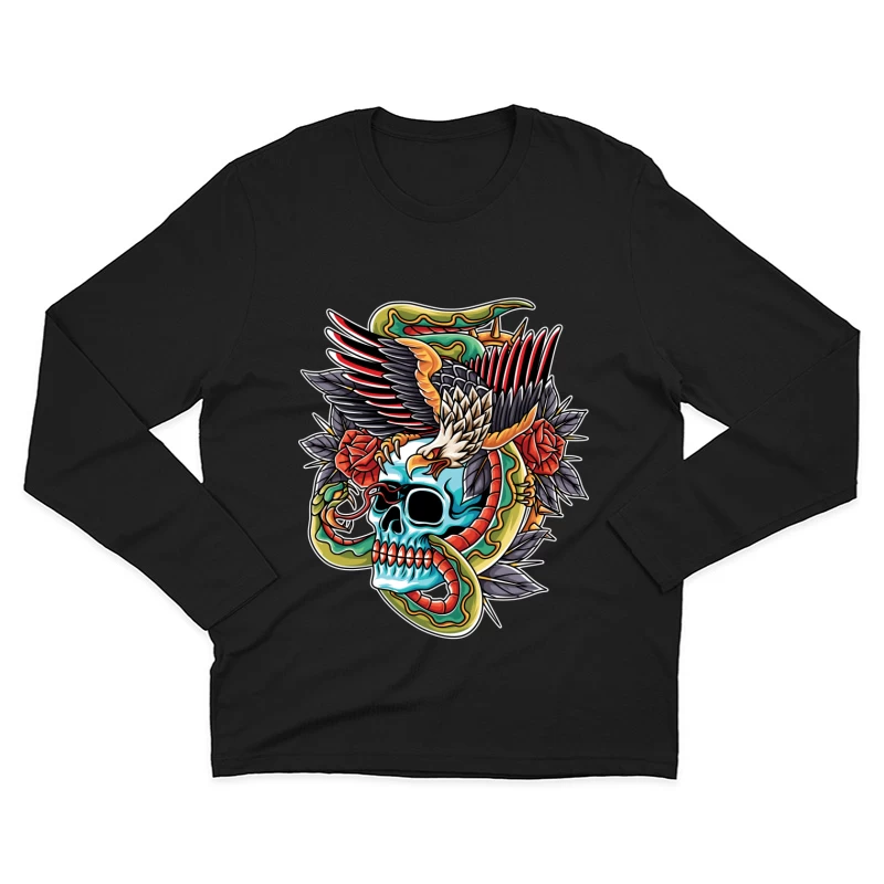 Colorful Tattoo Design Featuring a Skull, Eagle, and Snake Male Long Sleeve T-Shirt