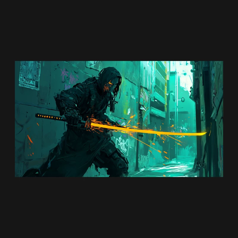 Cyberpunk Samurai Wielding Glowing Sword in Neon Alleyway Desk Mat