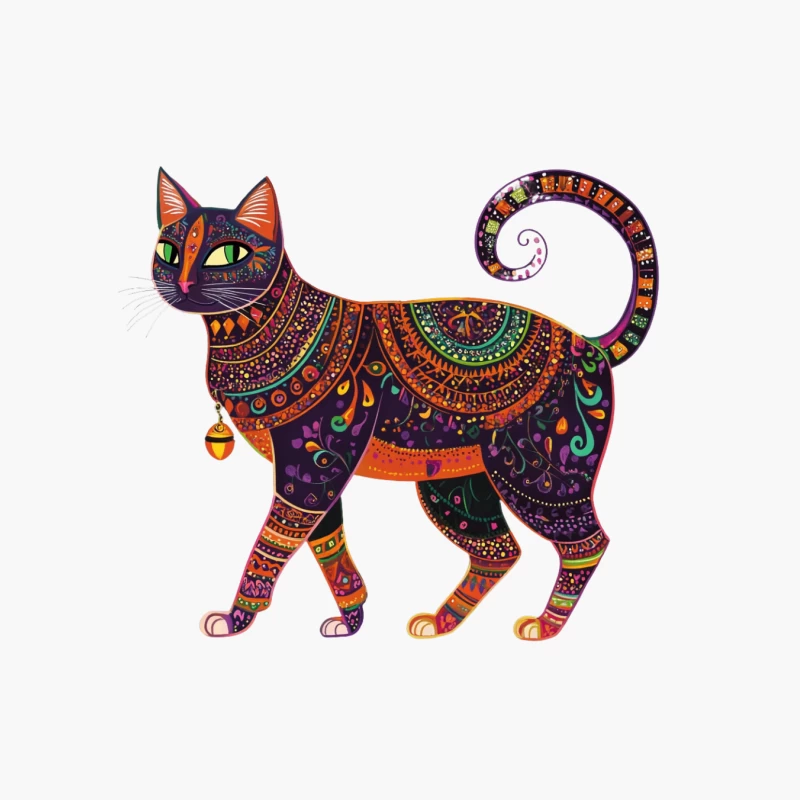 Vibrant Feline Folk Art: Ornate Cat with Intricate Patterns Cotton Tote Bag