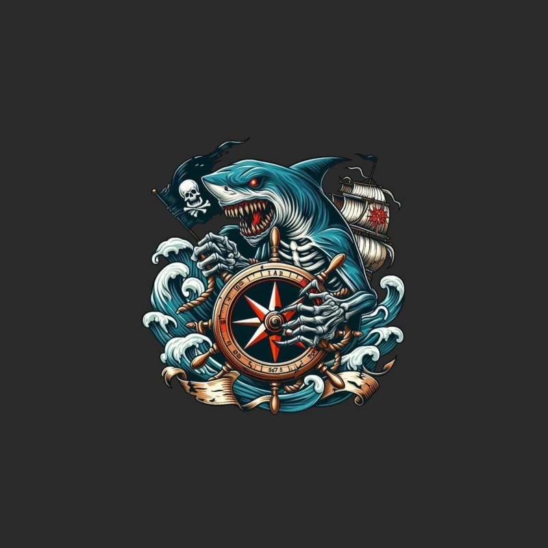 Pirate Shark with Compass and Ship Baseball Cap
