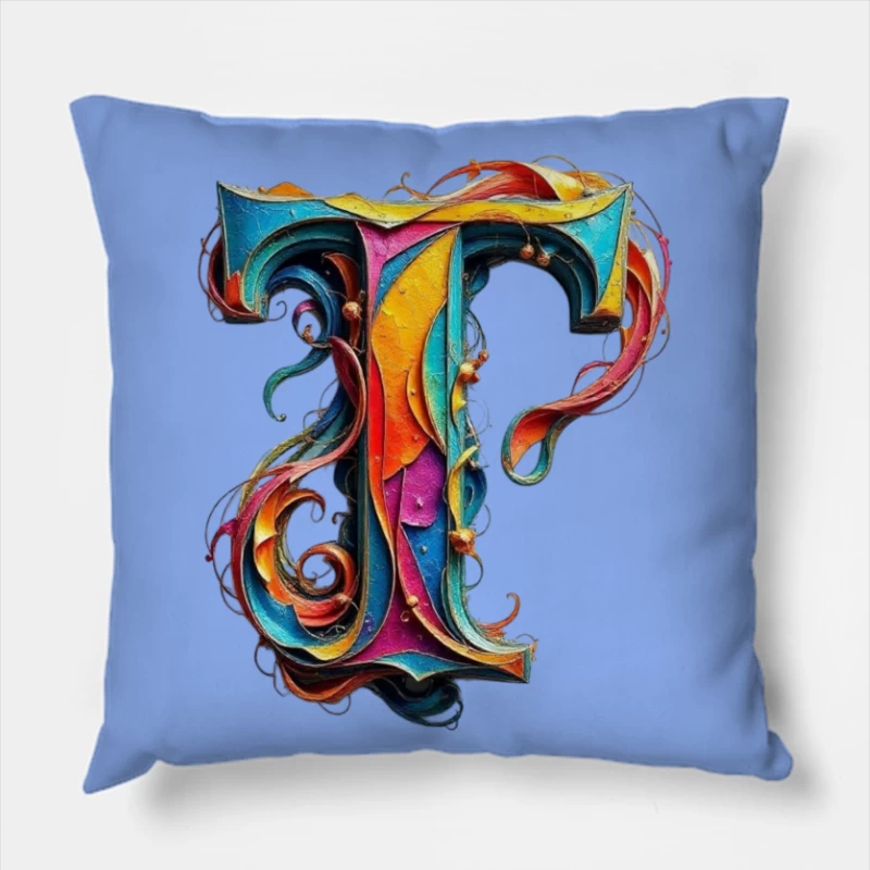 Ornate Colorful Typography: Decorated Letter T Illustration Throw Pillow