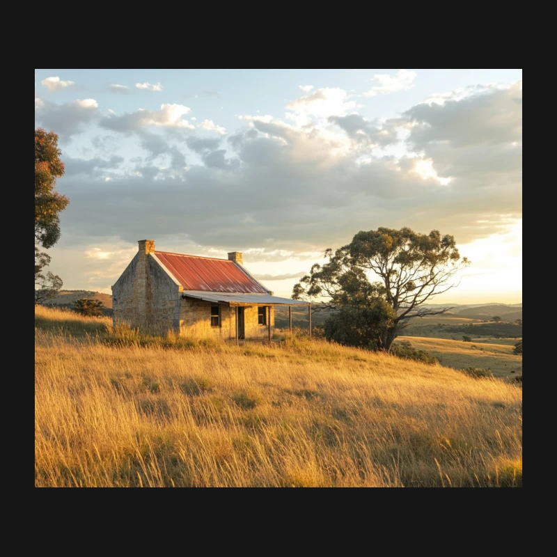 Rustic Cottage in Golden Australian Outback at Sunset Mouse Pad