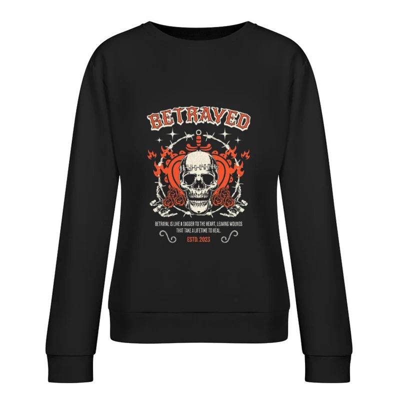 Vintage Gothic Skull with Roses and Betrayed Typography Design Female Pullover Sweatshirt