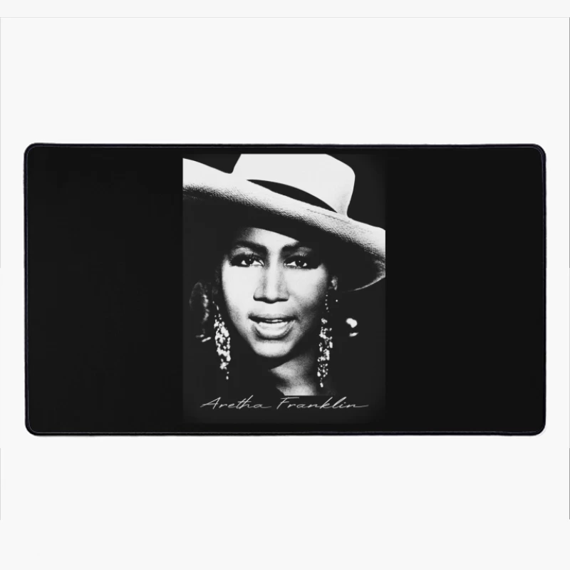 Classic Black and White Portrait with White Hat and Statement Jewelry Desk Mat