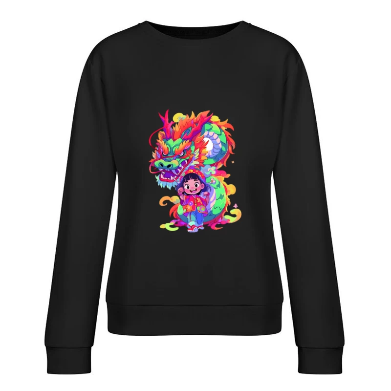 Fröhliches Kind mit farbenfrohem Drachen Damen Pullover Sweatshirt