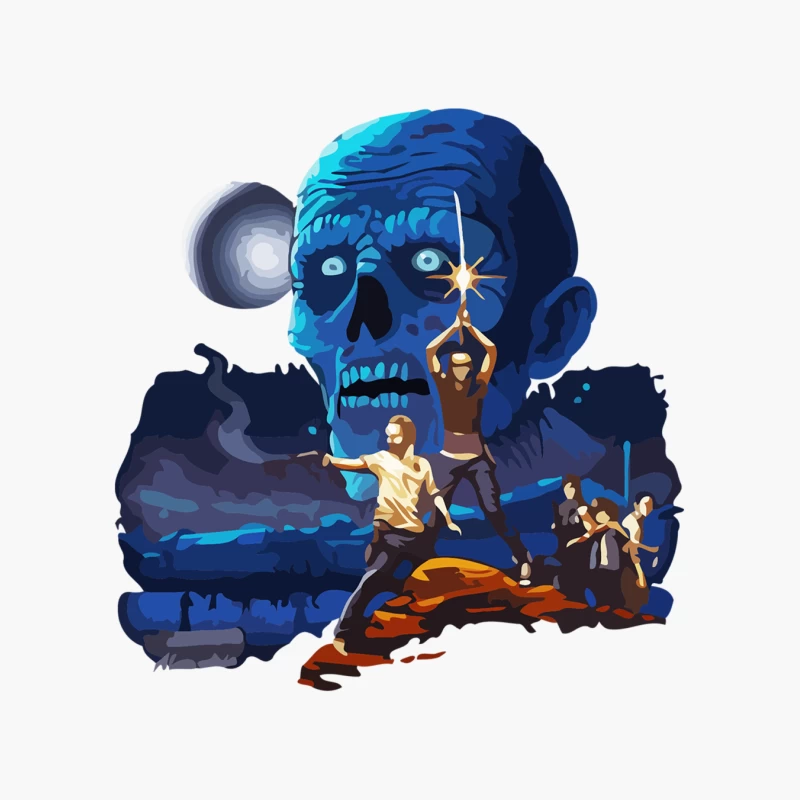Thrilling Adventure: Characters Face Giant Blue Skull Cotton Tote Bag