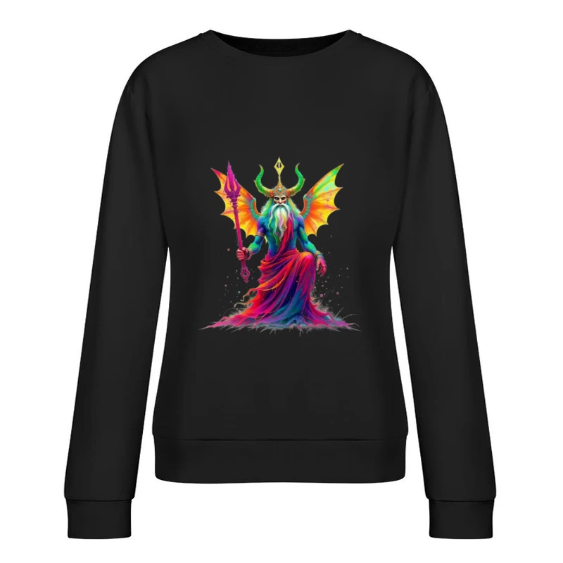 Rainbow-Hued Horned Deity with Dragon Wings Female Pullover Sweatshirt