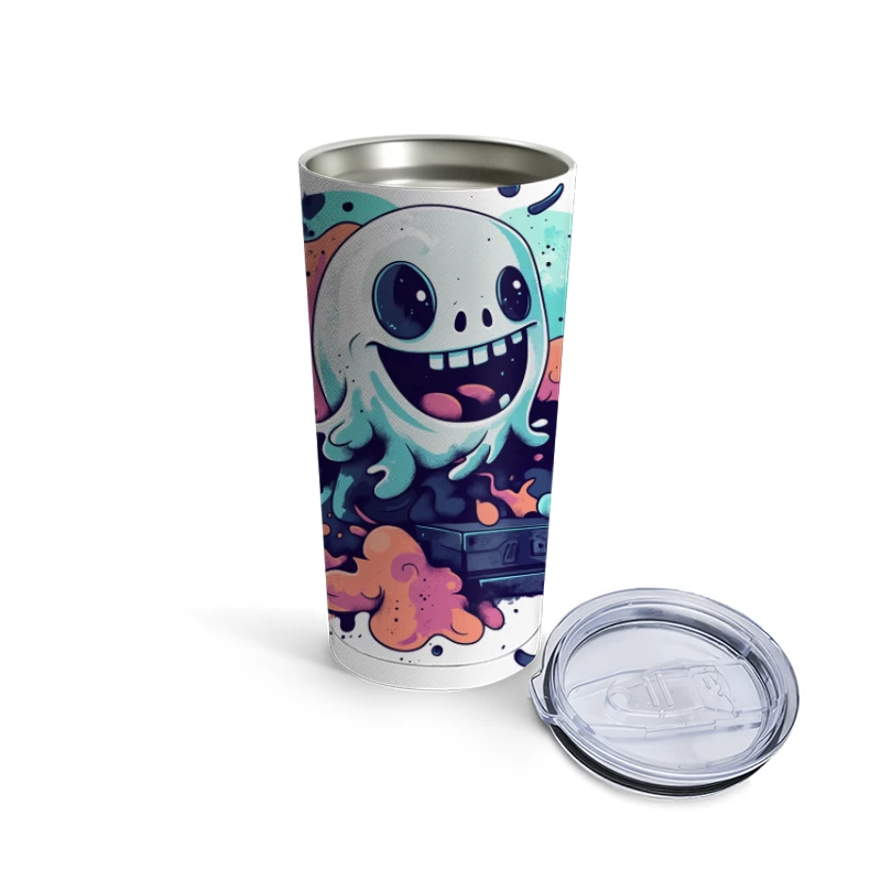 Playful Ghost with Colorful Swirls Gaming Art Travel Mug