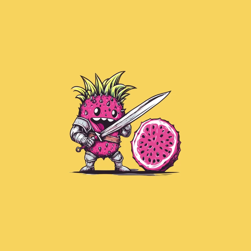 Cute Dragon Fruit Warrior with Sword and Armor Cartoon Illustration Bucket Hat