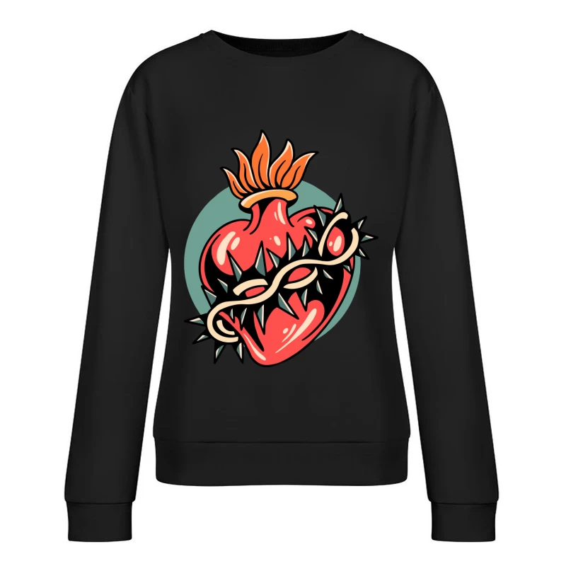 Illustration of a Heart with Thorns and Flame Female Pullover Sweatshirt