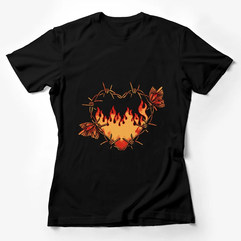Herz aus Stacheldraht mit Flammen und Schmetterlingen Damen T-Shirt