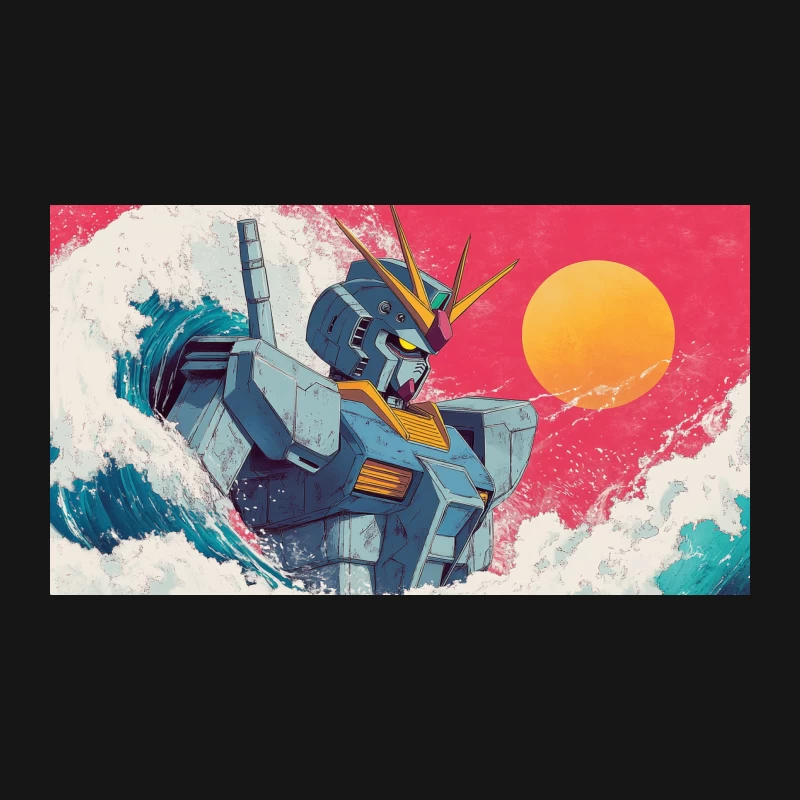 Mecha Warrior Surfing the Sunset Waves: An Anime-Inspired Sci-Fi Illustration Desk Mat