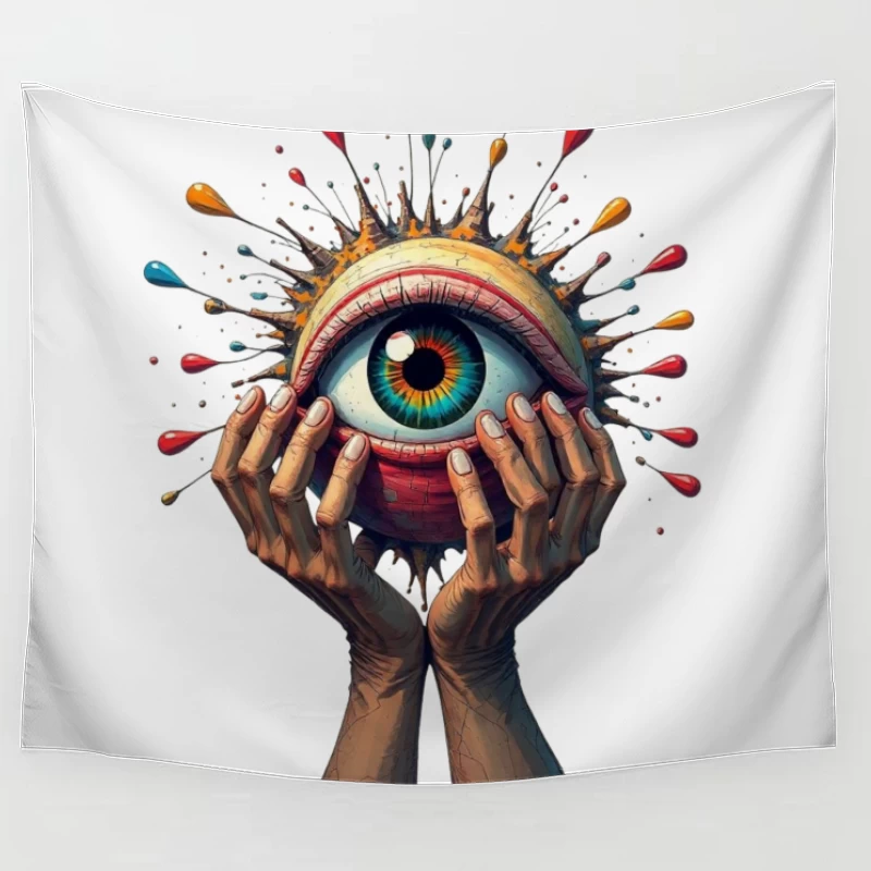 Mystical Eye Embraced by Reaching Hands with Colorful Splatter Tapestry