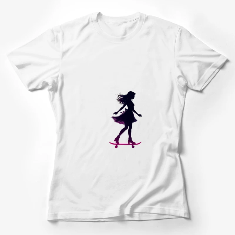 Graceful Feminine Skateboarding Silhouette in Purple Female T-Shirt