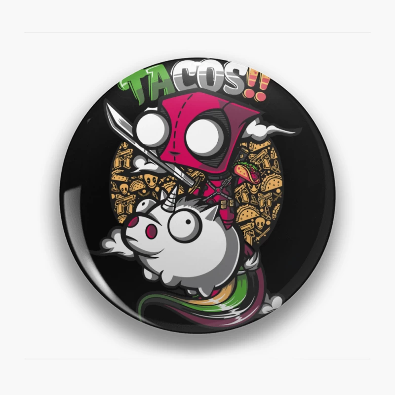 Colorful Cartoon of Tacos with a Unicorn and Knife-wielding Character Pin