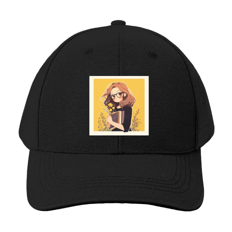 Bookish Girl with Yellow Flowers - Anime Style Illustration Baseball Cap