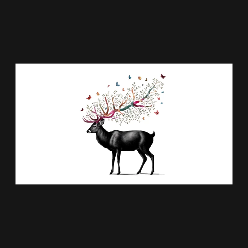 Whimsical Deer with Butterfly-Adorned Antlers: A Surreal Nature Portrait Desk Mat