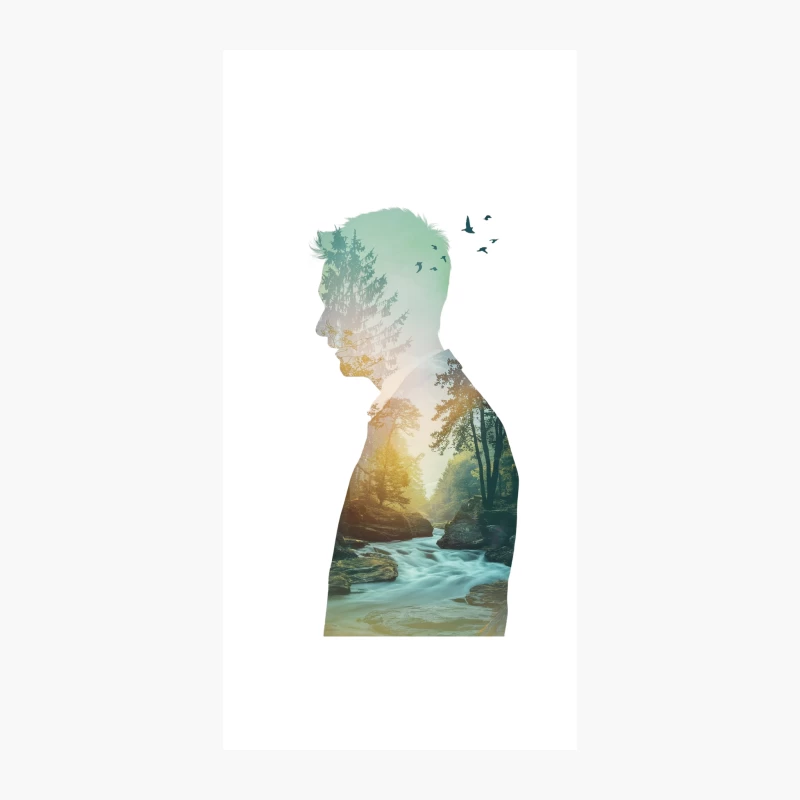 Silhouette's Natural Harmony: A Double Exposure of Forest and River iPhone Case