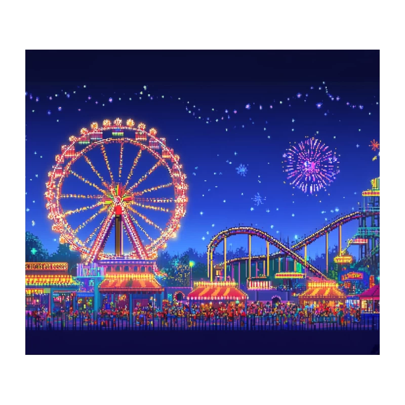 Illuminated Amusement Park at Night with Fireworks Tapestry