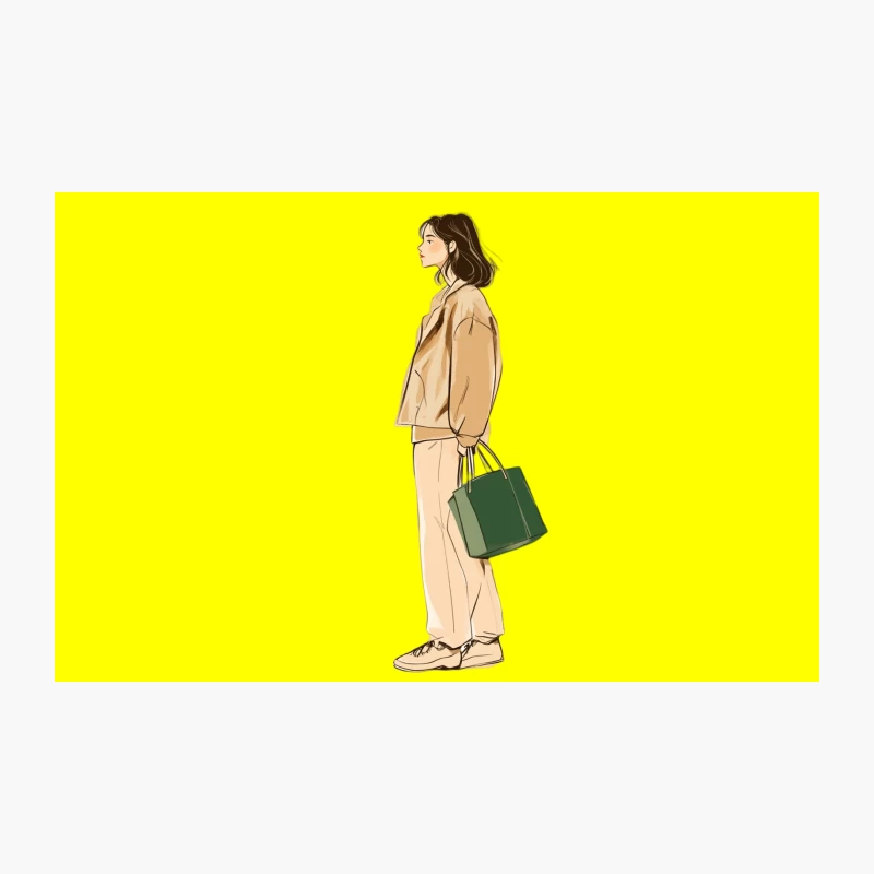 Stylish Woman in Beige with Green Handbag: Minimalist Fashion Illustration Travel Mug
