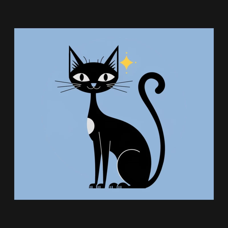 Minimalist Black Cat Cartoon Illustration with Blue Background Mouse Pad