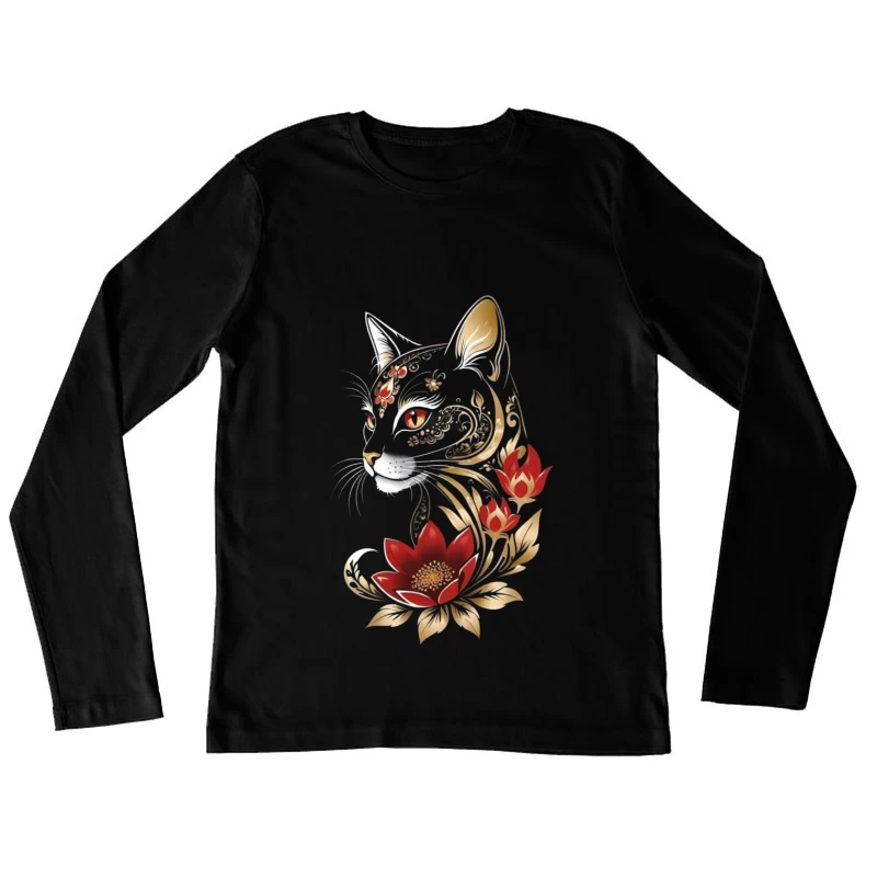 Decorative Black Cat with Flowers Female Long Sleeve T-Shirt
